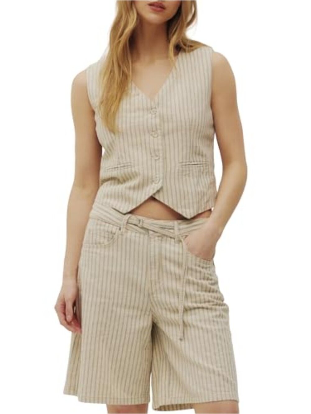 Structured Striped Sleeveless Blazer Vest with Adjustable Back